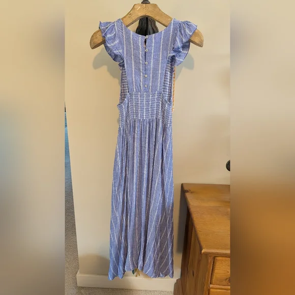 Free People Chambray Striped Dress Pastel Blue Smocked Waist Ruffle - Picture 5 of 7